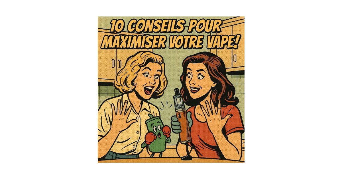  Illustration rétro BD de deux jeunes femmes tenant des e-cigarettes dans une cuisine, avec le titre "10 conseils pour maximiser votre vape" en lettrage de style cartoon