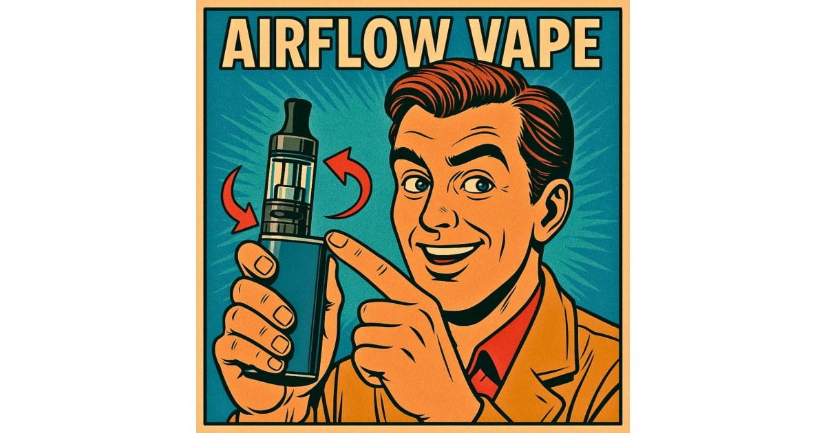 Illustration BD rétro d’un homme pointant la bague d’airflow d’une cigarette électronique, avec des flèches indiquant le flux d’air et le titre centré “AIRFLOW VAPE”.