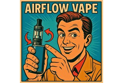 Illustration BD rétro d’un homme pointant la bague d’airflow d’une cigarette électronique, avec des flèches indiquant le flux d’air et le titre centré “AIRFLOW VAPE”.