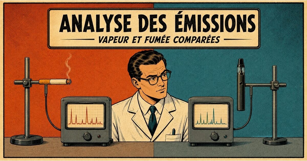 Illustration rétro d’une analyse comparant la fumée de cigarette et l’aérosol d’une cigarette électronique