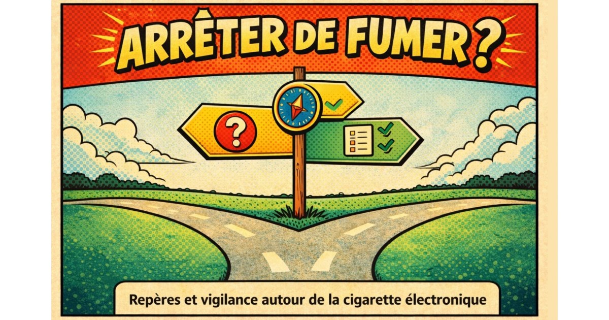 Illustration de style bande dessinée montrant un carrefour avec des panneaux directionnels sous le titre « Arrêter de fumer ?