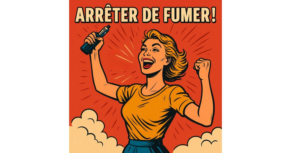Illustration BD rétro d’une femme célébrant l’arrêt du tabac, levant un vape comme un trophée, entourée de nuages de vapeur et de rayons d’action, avec le titre centré “ARRÊTER DE FUMER !”.