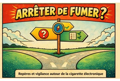 Illustration de style bande dessinée montrant un carrefour avec des panneaux directionnels sous le titre « Arrêter de fumer ?