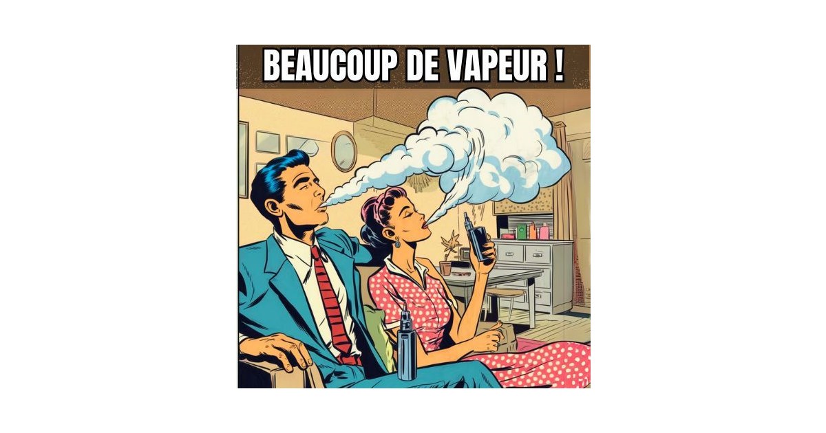 Une image de bande dessinée au style vintage montrant un homme et une femme sur le canapé du salon, soufflant de grands nuages de vapeur de leurs cigarettes électroniques.