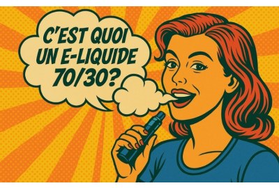 Illustration pop art d’une femme qui vapote avec une bulle de texte “C’est quoi un e-liquide 70/30 ?”