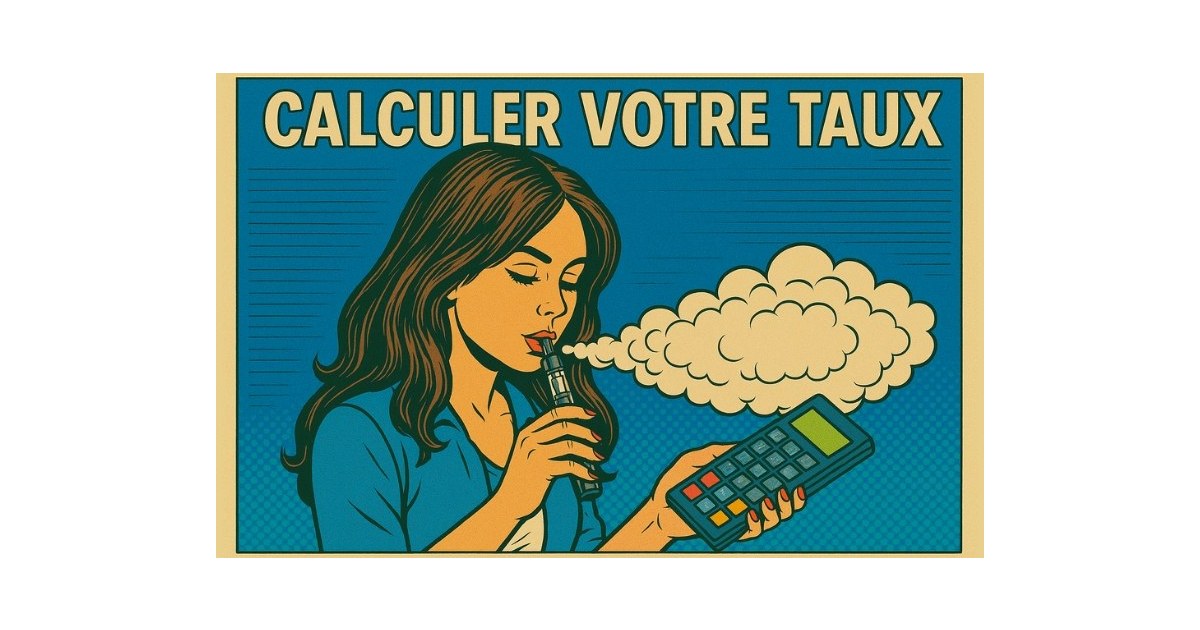 Illustration rétro style comic book d’une femme aux cheveux lâchés utilisant une cigarette électronique et tenant une calculatrice, avec le texte "Calculer votre taux" en haut de l’image.