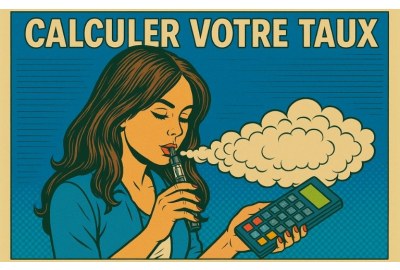 Illustration rétro style comic book d’une femme aux cheveux lâchés utilisant une cigarette électronique et tenant une calculatrice, avec le texte "Calculer votre taux" en haut de l’image.