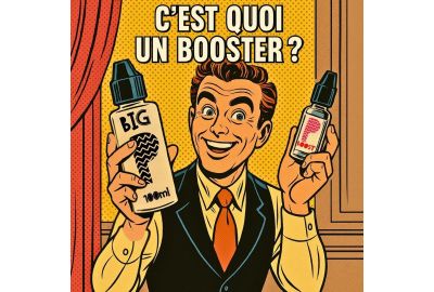 Illustration BD rétro d’un homme souriant tenant deux flacons de booster, avec le titre centré “C’EST QUOI UN BOOSTER ?”.