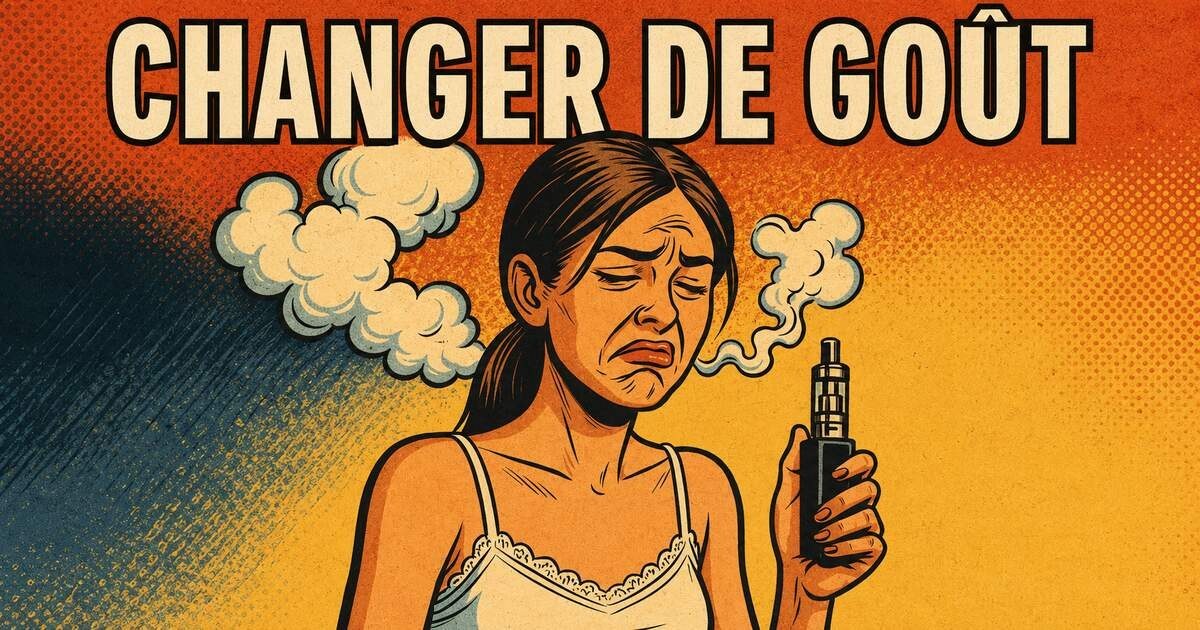 Illustration rétro d’une vapoteuse déçue souhaitant changer le goût de son e-liquide