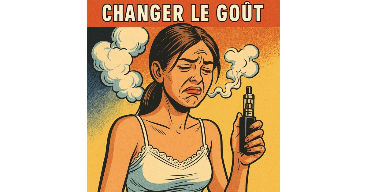 Illustration BD rétro d’une femme fronçant les sourcils et tenant une cigarette électronique, deux nuages de vapeur s’échappent de chaque côté, titre centré “CHANGER LE GOÛT”