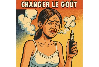 Illustration BD rétro d’une femme fronçant les sourcils et tenant une cigarette électronique, deux nuages de vapeur s’échappent de chaque côté, titre centré “CHANGER LE GOÛT”