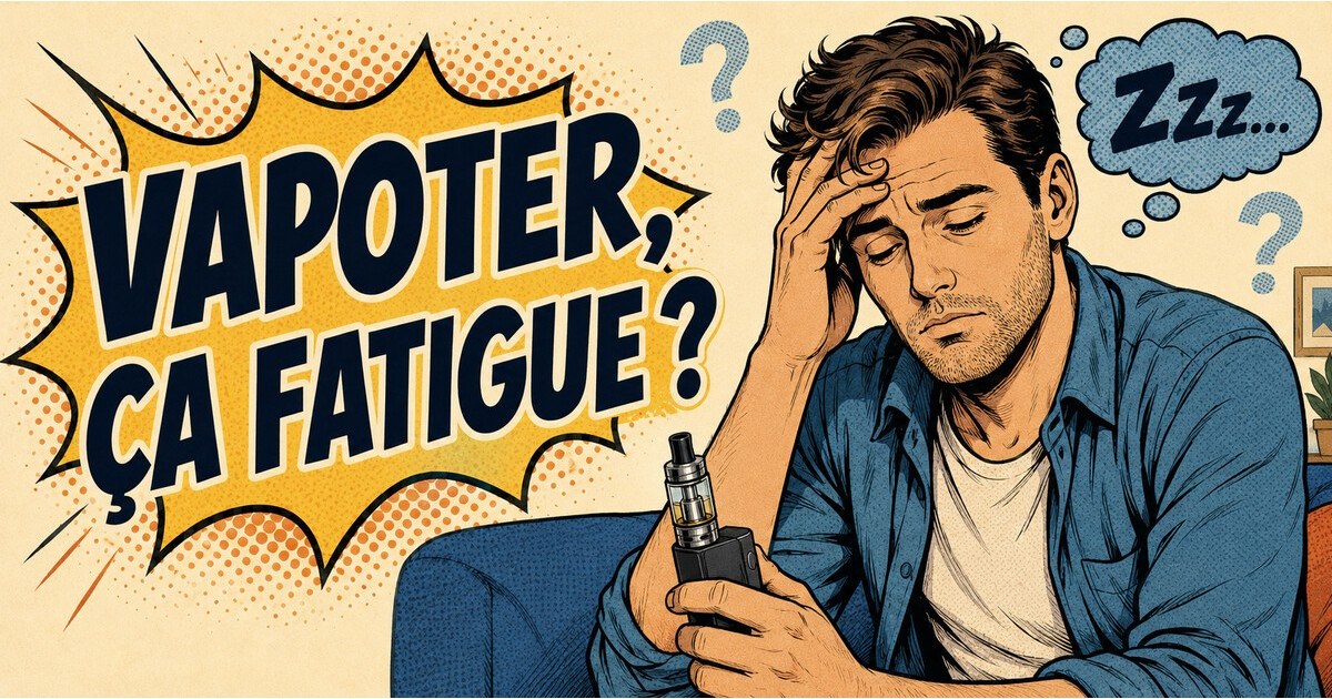 Illustration rétro d’un vapoteur fatigué tenant une cigarette électronique, avec le texte « Vapoter, ça fatigue ? »