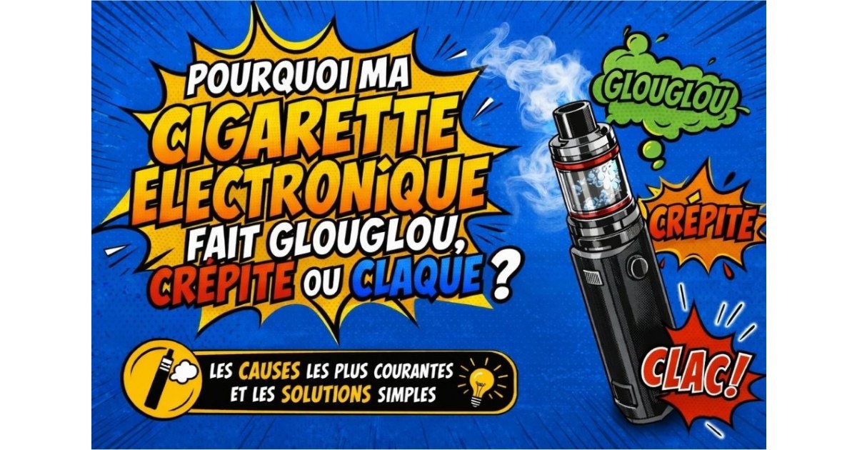 illustration style bande dessinée d’une cigarette électronique avec les bruits glouglou, crépitement et claquement