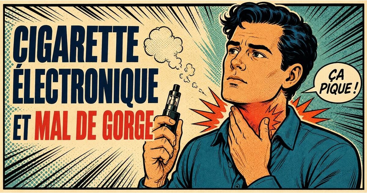 Illustration BD rétro d’un vapoteur ressentant une irritation de la gorge avec la bulle Ça pique !