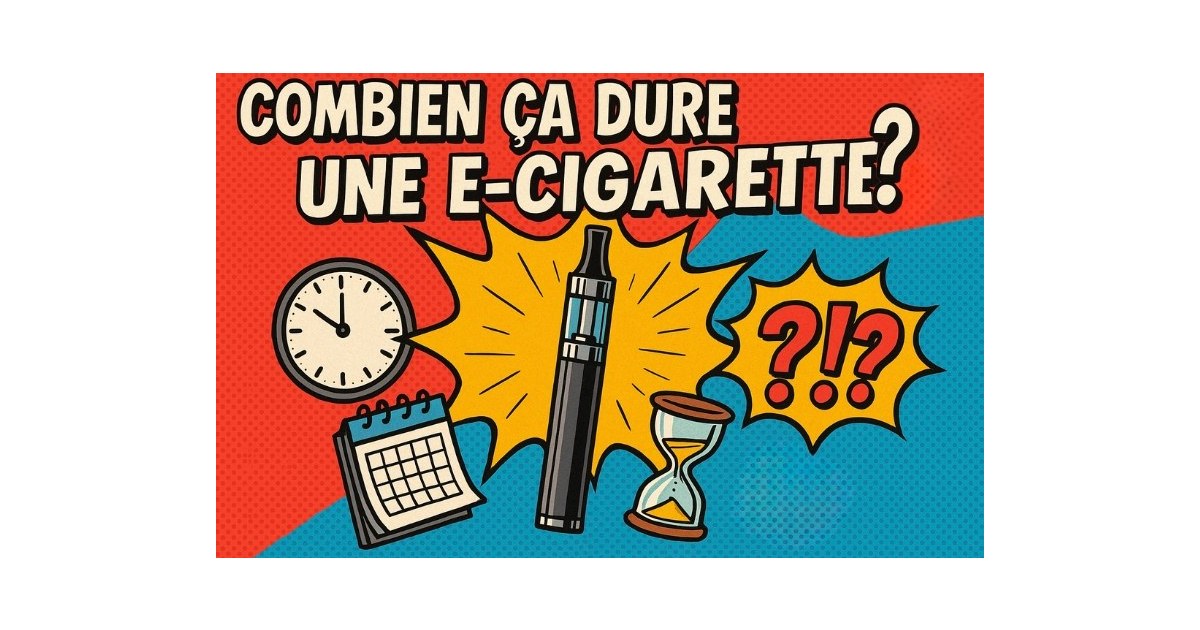 Illustration rétro pop art avec le titre « Combien ça dure une e-cigarette ? » en lettres noires avec contour blanc ; au centre une cigarette électronique dans une explosion jaune BD ; autour, une horloge, un calendrier et un sablier ; à droite, une bulle