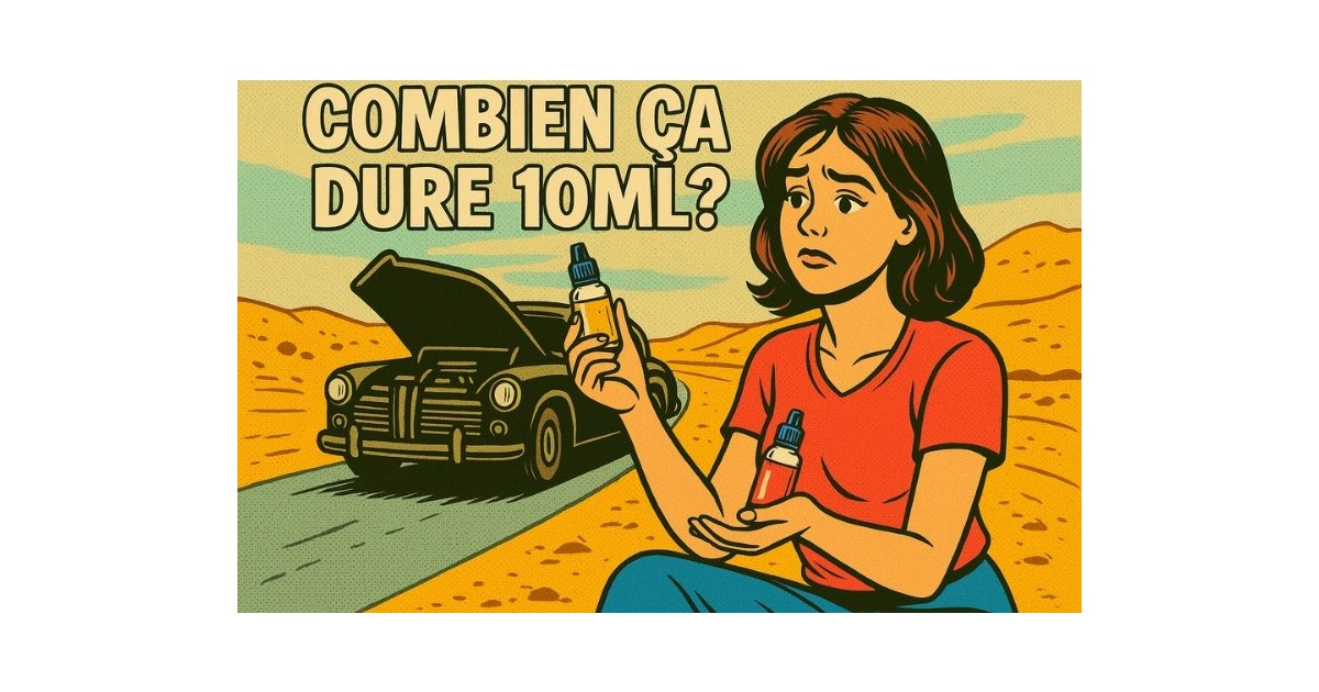 Illustration BD rétro d’une femme en robe verte accroupie à côté d’une vieille voiture en panne dans un désert, tenant un flacon d’e-liquide sous le titre “COMBIEN ÇA DURE 10ML ?”.