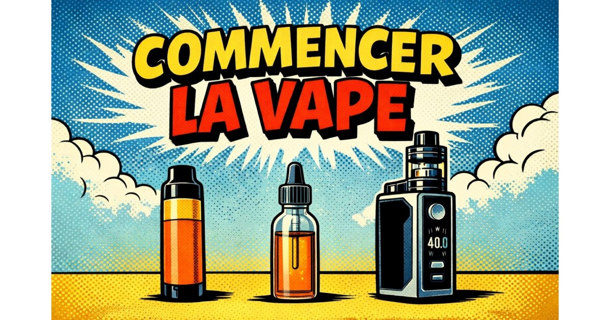 Illustration en style bande dessinée présentant les principaux éléments pour commencer la vape : une puff rechargeable, un flacon de e-liquide et une cigarette électronique de type box.