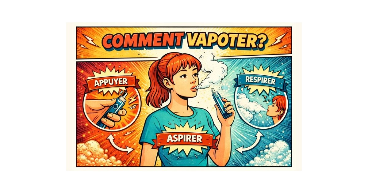 Infographie en style bande dessinée expliquant comment vapoter, avec une femme illustrée et les étapes appuyer, aspirer et respirer