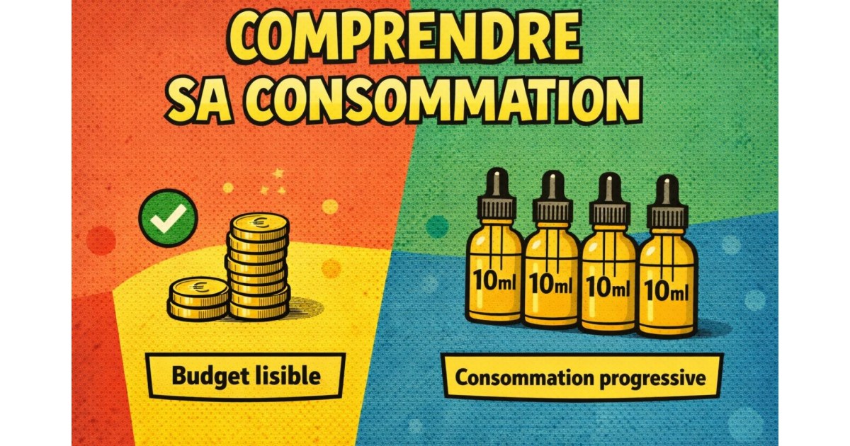 Illustration pédagogique en style bande dessinée montrant le lien entre une consommation progressive d’e-liquide en flacons de 10 ml et un budget plus lisible, représenté par des pièces de monnaie.