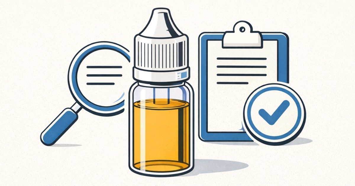Illustration représentant un flacon d’e-liquide et des symboles de contrôle et de conformité.
