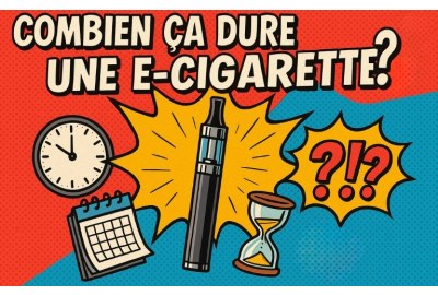 Illustration rétro pop art avec le titre « Combien ça dure une e-cigarette ? » en lettres noires avec contour blanc ; au centre une cigarette électronique dans une explosion jaune BD ; autour, une horloge, un calendrier et un sablier ; à droite, une bulle