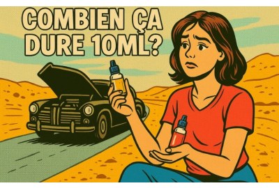 Illustration BD rétro d’une femme en robe verte accroupie à côté d’une vieille voiture en panne dans un désert, tenant un flacon d’e-liquide sous le titre “COMBIEN ÇA DURE 10ML ?”.