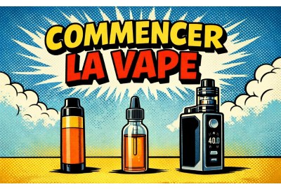 Illustration en style bande dessinée présentant les principaux éléments pour commencer la vape : une puff rechargeable, un flacon de e-liquide et une cigarette électronique de type box.
