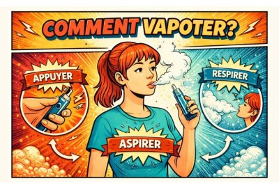 Infographie en style bande dessinée expliquant comment vapoter, avec une femme illustrée et les étapes appuyer, aspirer et respirer