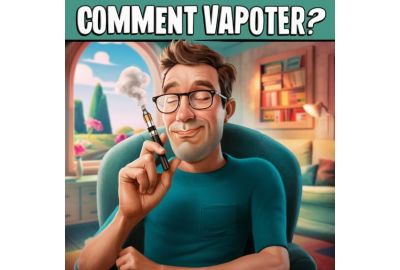 Homme avec des lunettes, en chemise turquoise, tenant un vape près de sa bouche, avec le texte 'COMMENT VAPOTER?' au-dessus.