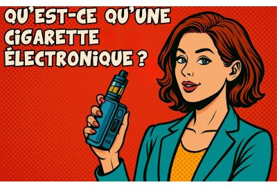 Illustration pop art d’une femme tenant une cigarette électronique, avec le titre “Qu’est-ce qu’une cigarette électronique ?” sur un fond rouge en style rétro BD.