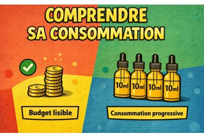 Illustration pédagogique en style bande dessinée montrant le lien entre une consommation progressive d’e-liquide en flacons de 10 ml et un budget plus lisible, représenté par des pièces de monnaie.