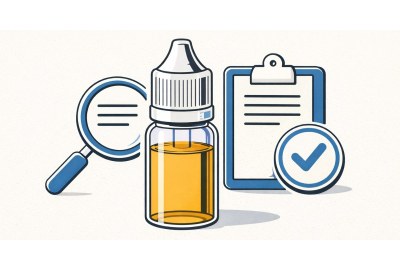 Illustration représentant un flacon d’e-liquide et des symboles de contrôle et de conformité.