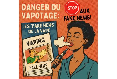 Illustration rétro style comic book : une femme vapote, un journal avec le titre Les fake news de la vape, et le texte DANGER DU VAPOTAGE : STOP AUX FAKE NEWS ! en haut.