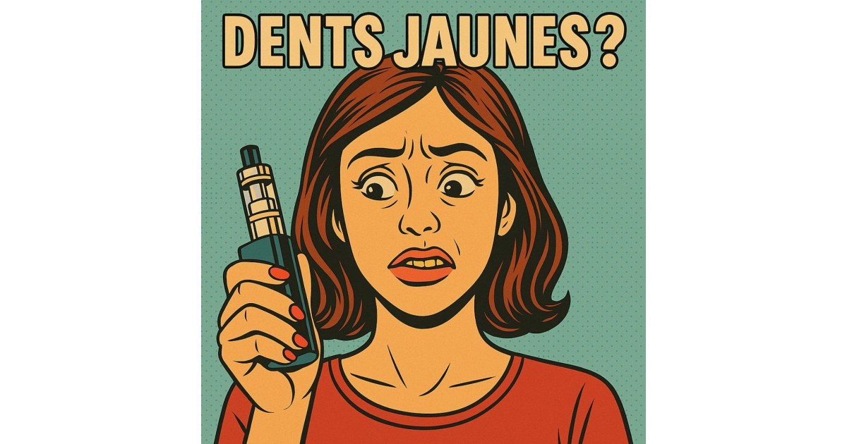 Illustration BD rétro d’une femme confuse observant sa cigarette électronique, affichant un léger jaunissement des dents, sous le titre centré “DENTS JAUNES ?