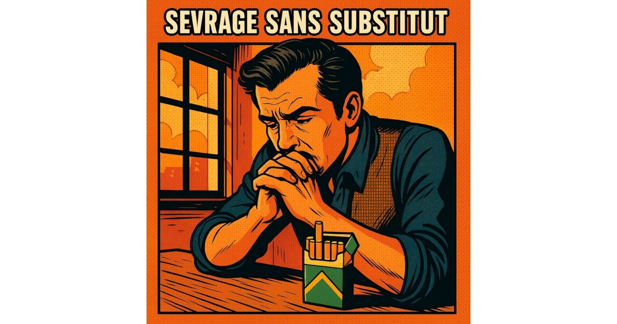 Illustration BD rétro d’un homme sérieux assis devant un paquet de cigarettes, poings croisés sous le menton, extrait de titre “SEVRAGE SANS SUBSTITUT” centré en haut.