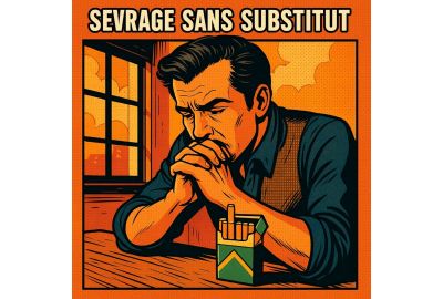 Illustration BD rétro d’un homme sérieux assis devant un paquet de cigarettes, poings croisés sous le menton, extrait de titre “SEVRAGE SANS SUBSTITUT” centré en haut.