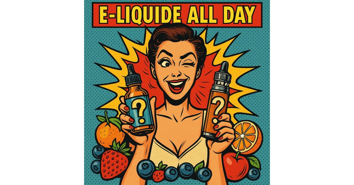 Illustration rétro style BD d’une femme souriante tenant un flacon de e-liquide devant un fond coloré de fruits, avec le titre « E-LIQUIDE ALL DAY » en haut.