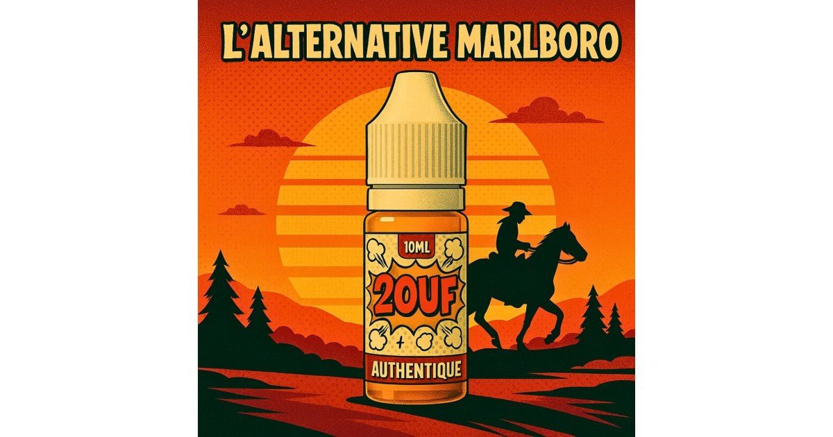 Affiche rétro pop art d’un flacon de e-liquide 2OUF Authentique avec le texte “L’alternative Marlboro” et un cowboy en silhouette devant un coucher de soleil.