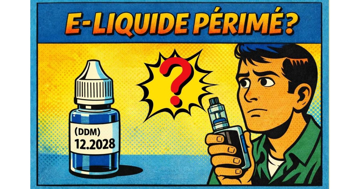 Illustration en style bande dessinée représentant un vapoteur s’interrogeant sur la date de durabilité minimale d’un e-liquide.
