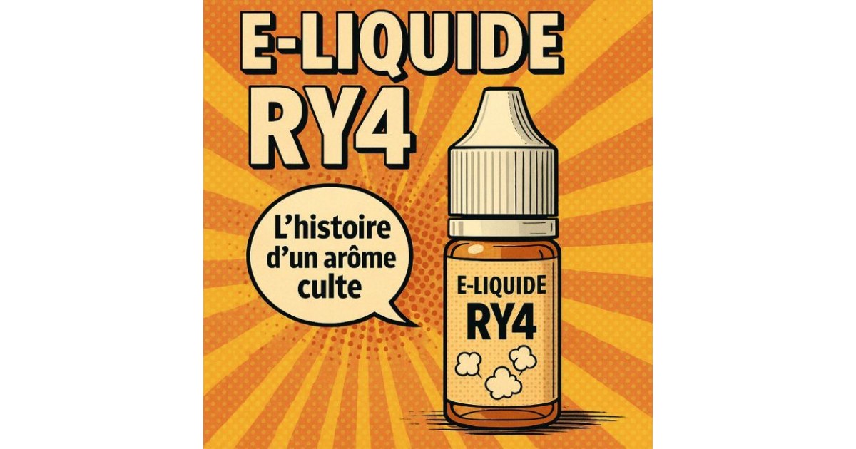 Flacon d’e-liquide RY4 en style bande dessinée, avec le texte “E-LIQUIDE RY4 – L’histoire d’un arôme culte” en haut de l’image.