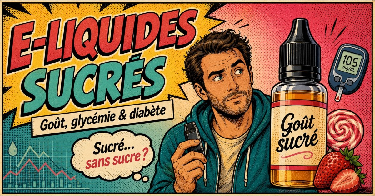 Illustration rétro style comic book d’un homme casual tenant un pod de vape, avec un flacon “Goût Sucré” au premier plan et le texte humoristique “Sucrer ou ne pas sucrer ?” en arrière-plan.