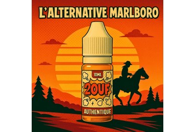 Affiche rétro pop art d’un flacon de e-liquide 2OUF Authentique avec le texte “L’alternative Marlboro” et un cowboy en silhouette devant un coucher de soleil.