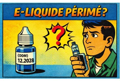 Illustration en style bande dessinée représentant un vapoteur s’interrogeant sur la date de durabilité minimale d’un e-liquide.
