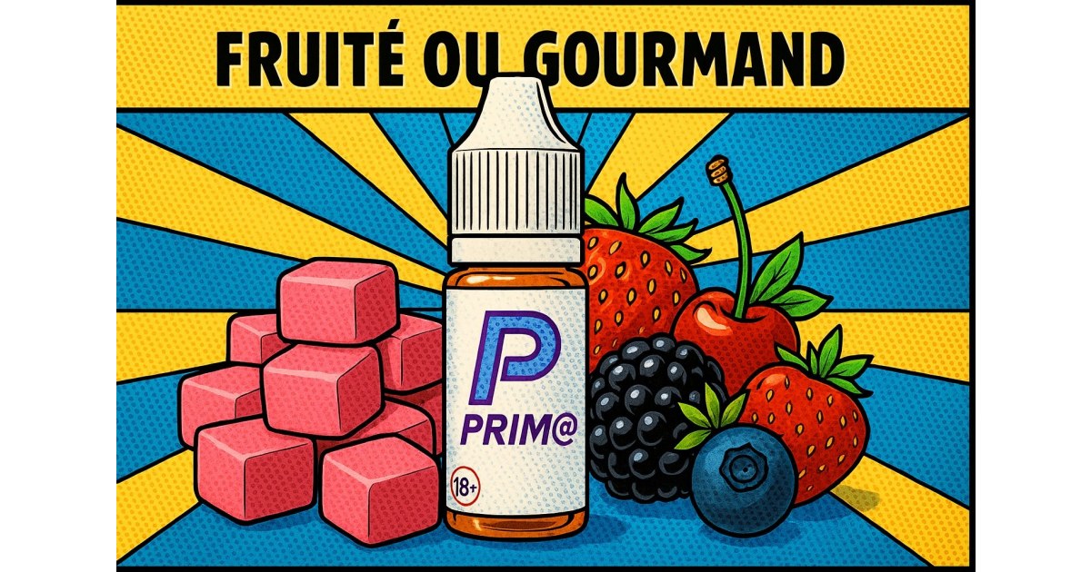 E-liquide Prim@ fruité ou gourmand avec saveur bubblegum et fruits des bois en style comic rétro