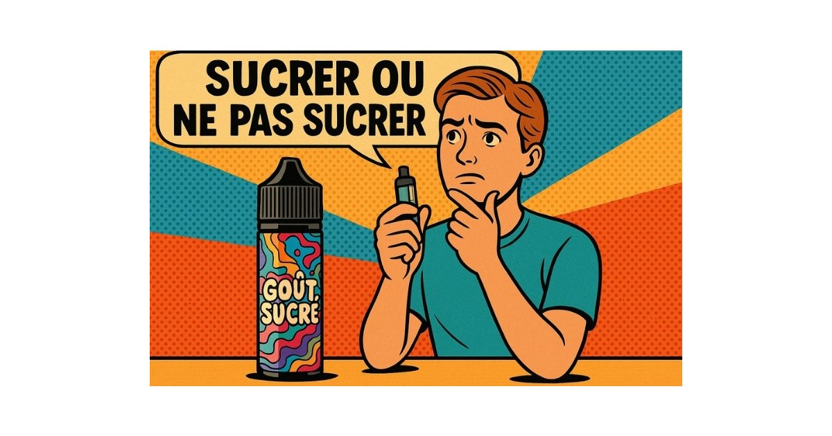 Illustration rétro style comic book d’un homme casual tenant un pod de vape, avec un flacon “Goût Sucré” au premier plan et le texte humoristique “Sucrer ou ne pas sucrer ?” en arrière-plan.