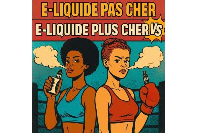 Illustration BD rétro de deux femmes en tenue de sport, l’une avec des gants de boxe et l’autre tenant une e-cigarette, prêtes à s’affronter sous le titre “E-LIQUIDE PAS CHER VS E-LIQUIDE PLUS CHER”.