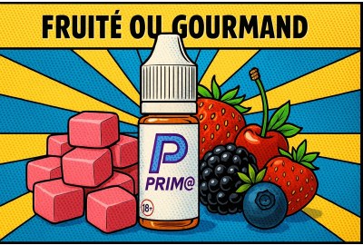 E-liquide Prim@ fruité ou gourmand avec saveur bubblegum et fruits des bois en style comic rétro