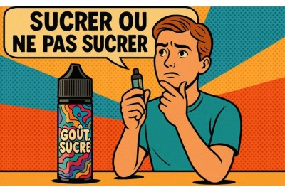 Illustration rétro style comic book d’un homme casual tenant un pod de vape, avec un flacon “Goût Sucré” au premier plan et le texte humoristique “Sucrer ou ne pas sucrer ?” en arrière-plan.