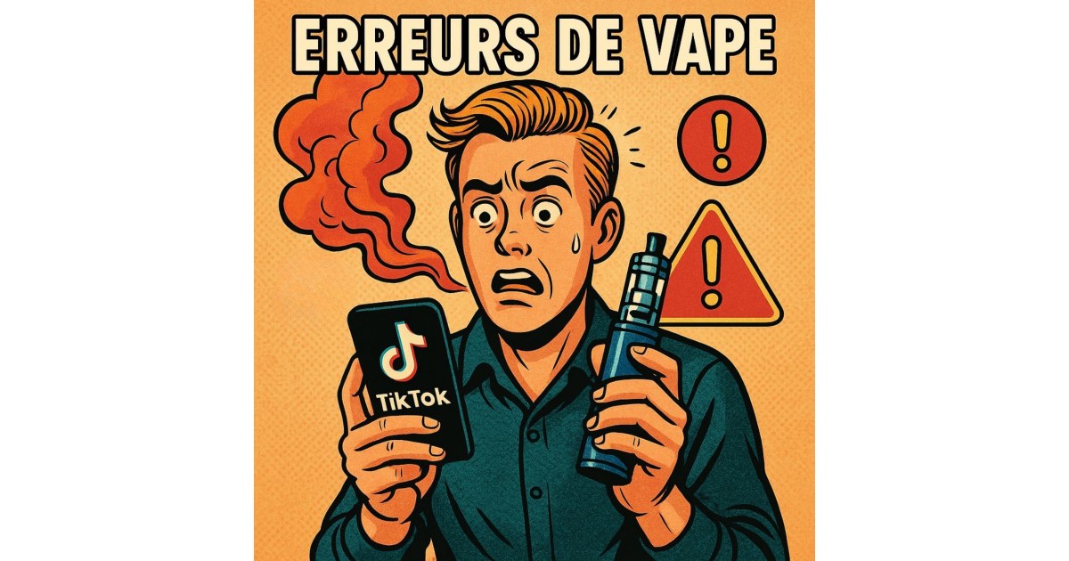 Illustration BD rétro d’un homme tenant un smartphone affichant TikTok et une e-cigarette fumante, entouré de symboles d’avertissement, avec le titre centré “ERREURS DE VAPE”.