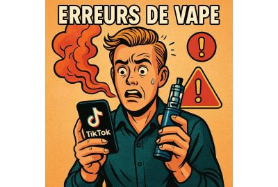 Illustration BD rétro d’un homme tenant un smartphone affichant TikTok et une e-cigarette fumante, entouré de symboles d’avertissement, avec le titre centré “ERREURS DE VAPE”.